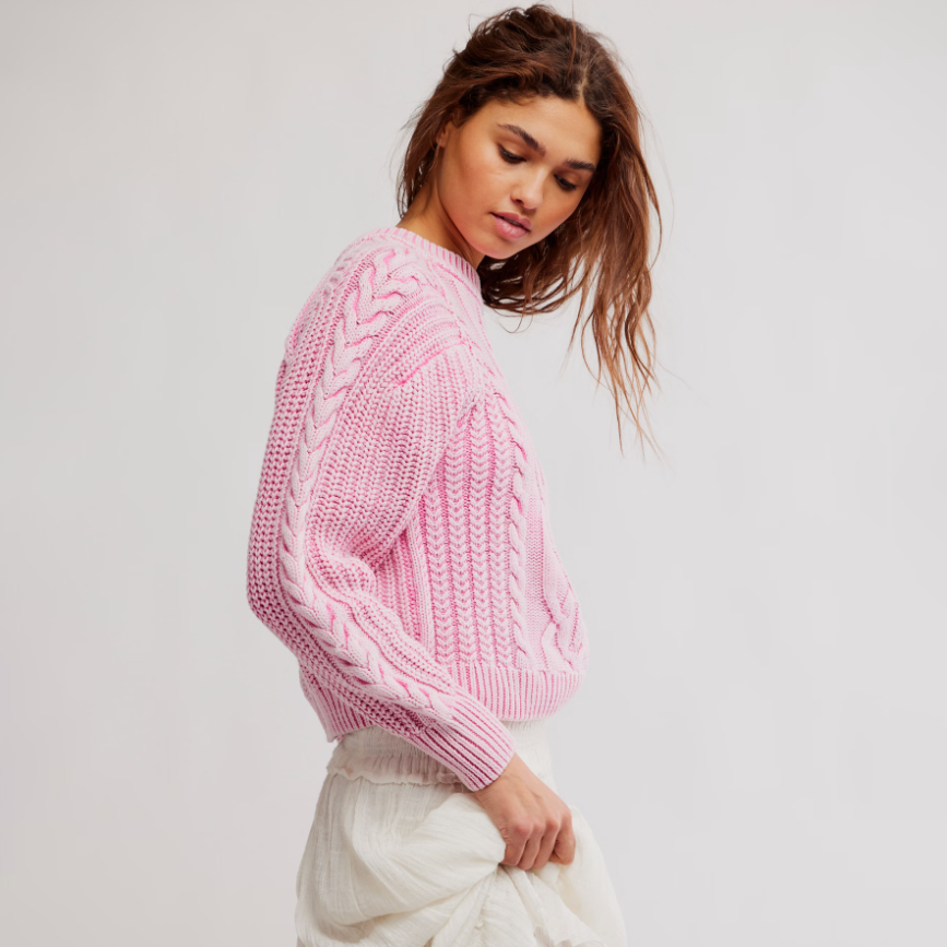 Free People Aurora Pink Frankie Cable Knit Sweater