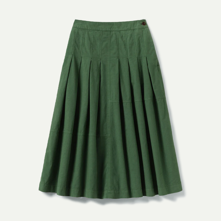 Forest Green Pleated Panelled Linen Skirt