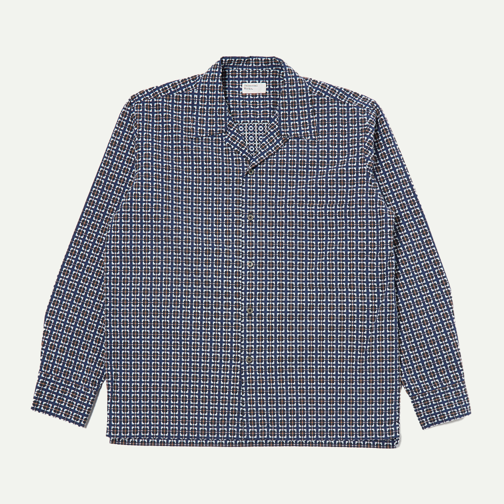 Navy Oscar Cotton Long Sleeve Camp Shirt