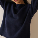 Navy Ribbed Trim Boat Neck Jumper