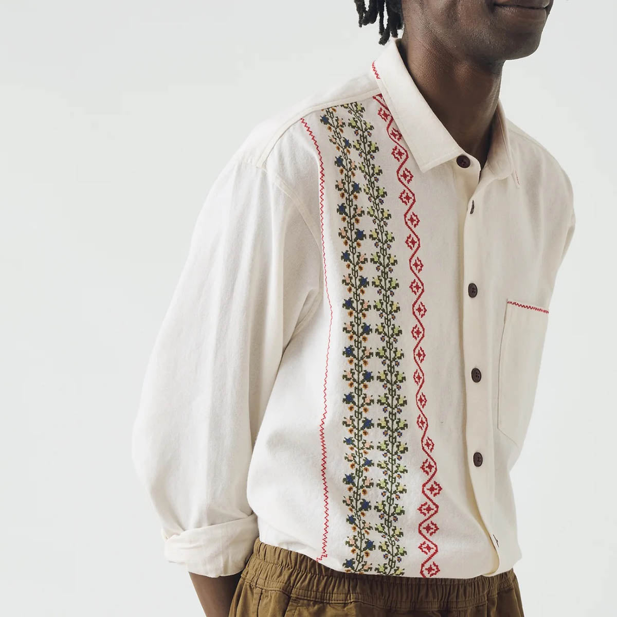 Ecru Embroidered Cross Stitch Cotton Shirt