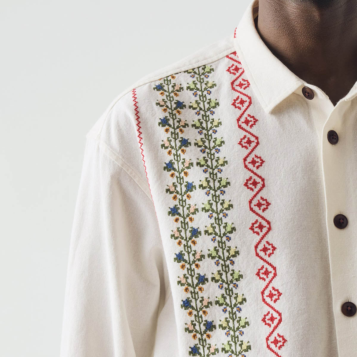 Ecru Embroidered Cross Stitch Cotton Shirt