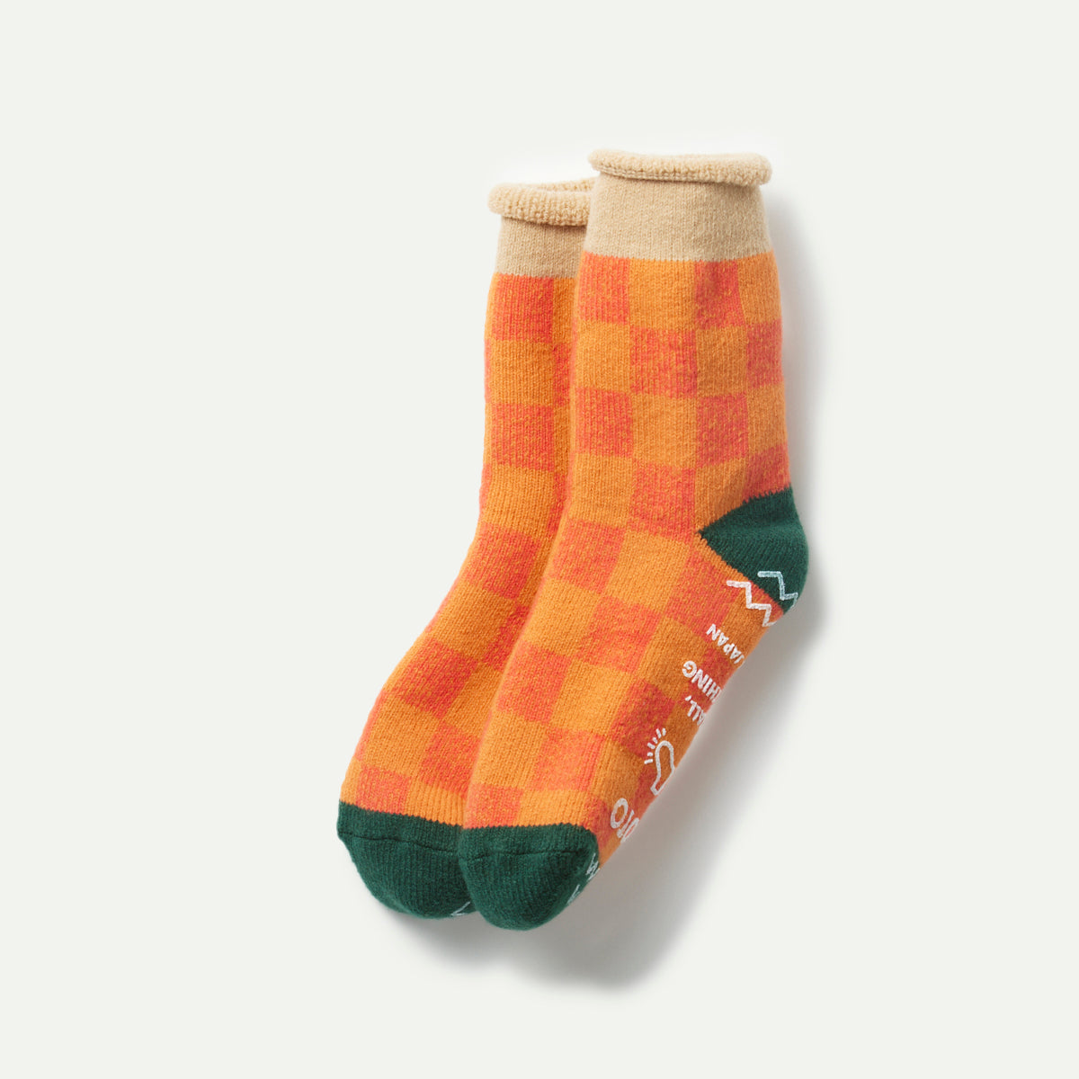 Rototo Pile Beige/Dark Green Checkerboard Socks