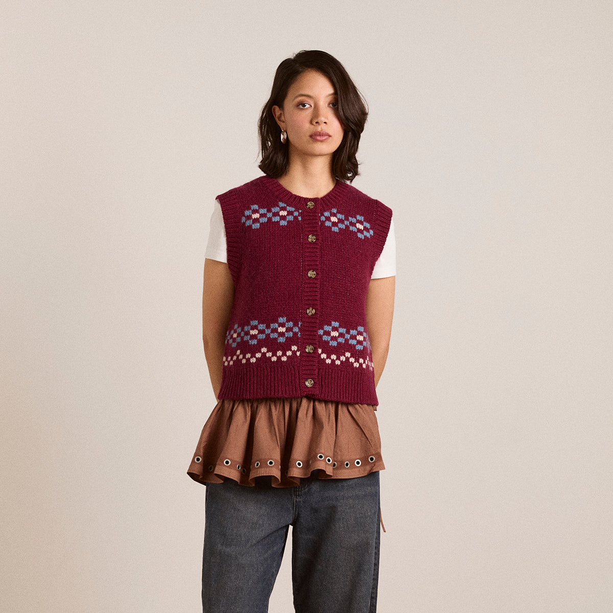 Burgundy Novelty Intarsia Girls Sofie Vest