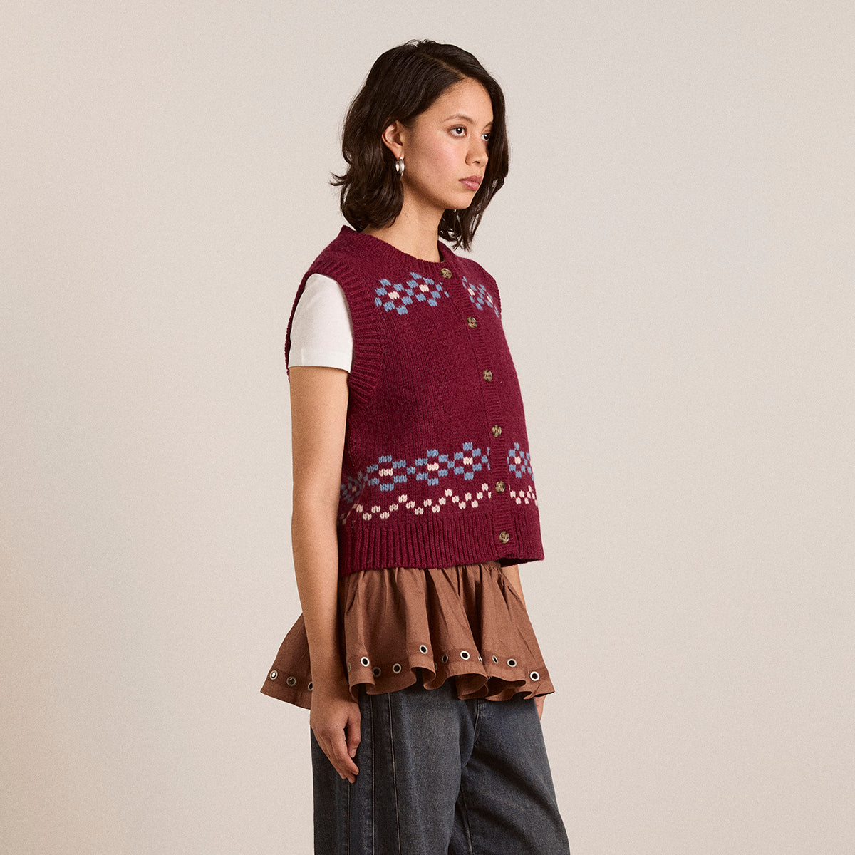 Burgundy Novelty Intarsia Girls Sofie Vest