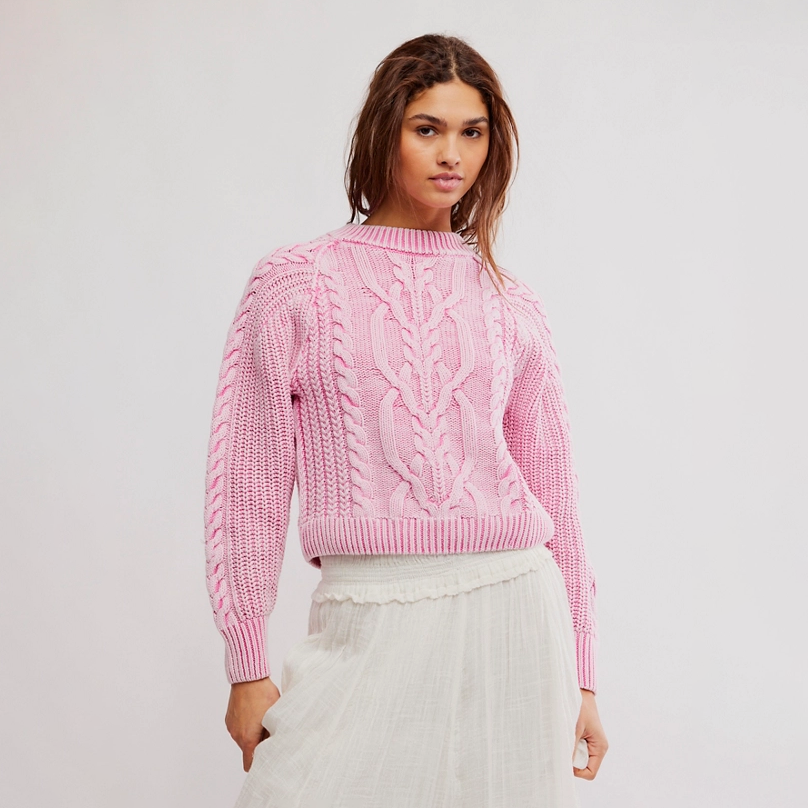 Free People Aurora Pink Frankie Cable Knit Sweater