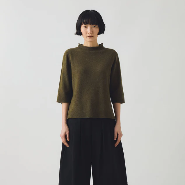 Olive Melange Cashmere Half Sleeve Sweater