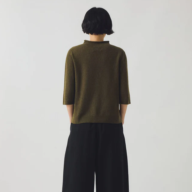 Olive Melange Cashmere Half Sleeve Sweater