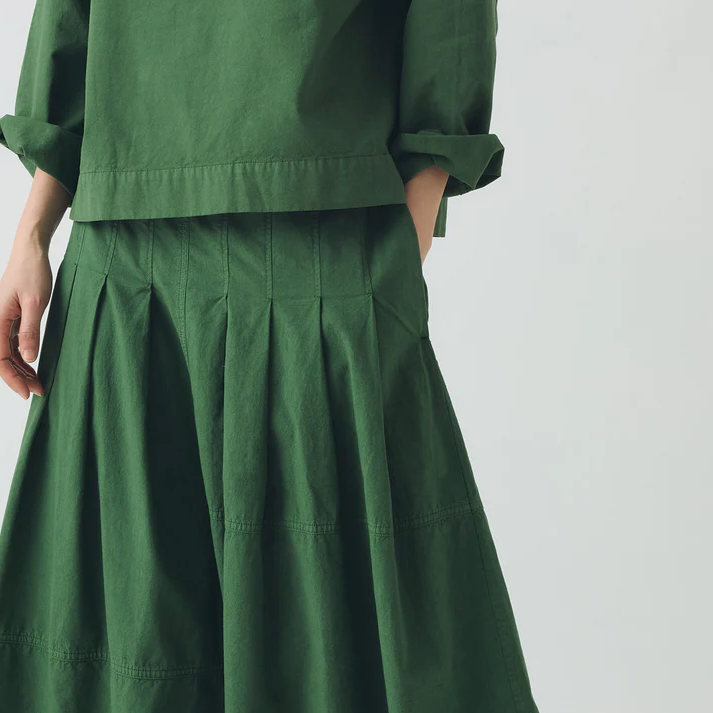 Forest Green Pleated Panelled Linen Skirt