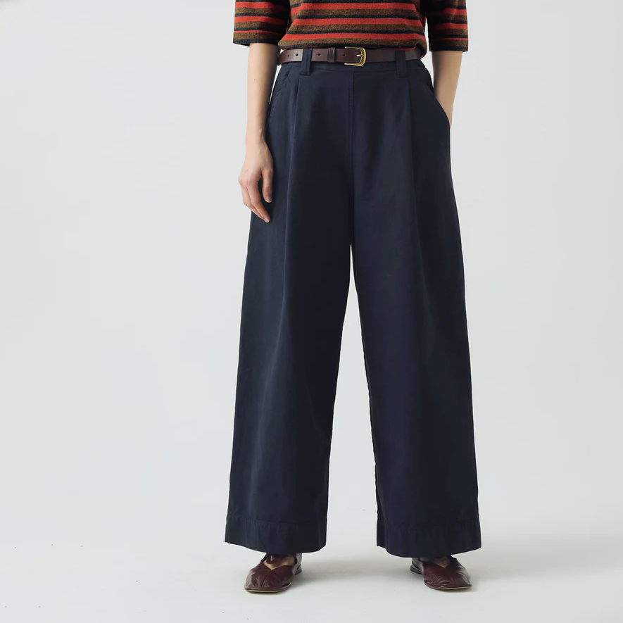 Blue Navy Canvas Pleat Front Trousers