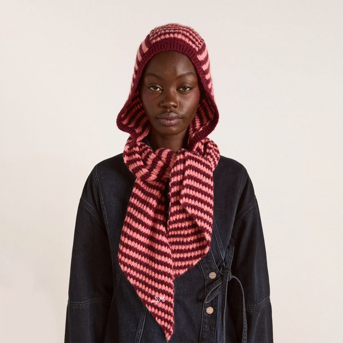 Pink/Burgandy Stripe Knit Tie Front Hood