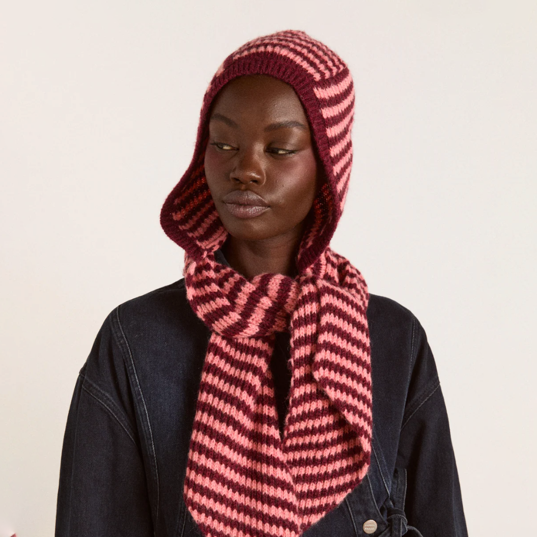 Pink/Burgandy Stripe Knit Tie Front Hood