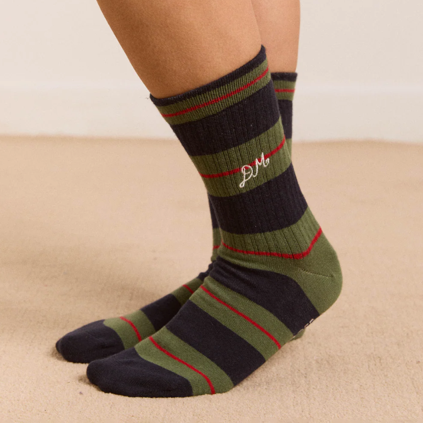 Olive Multi Stripe Sporty Calf Length Sock