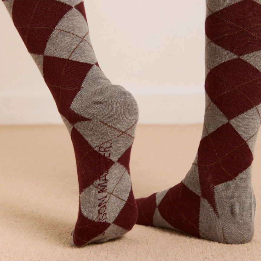 Grey/Burgandy Knee High Argyle Sock