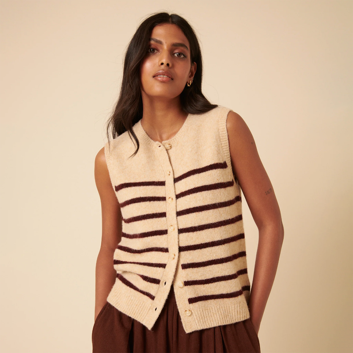 Beige Striped Button Through Knitted Vest