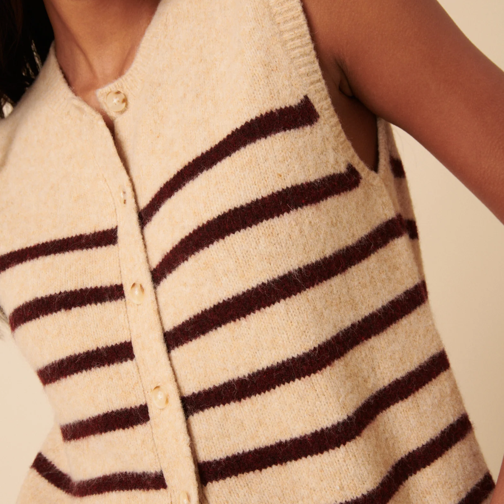 Beige Striped Button Through Knitted Vest