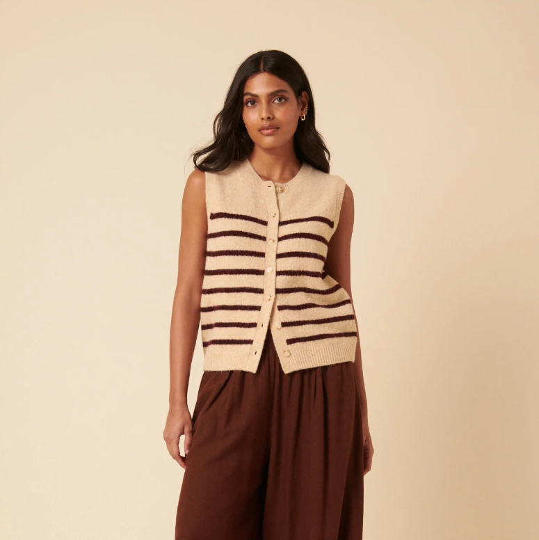 Beige Striped Button Through Knitted Vest