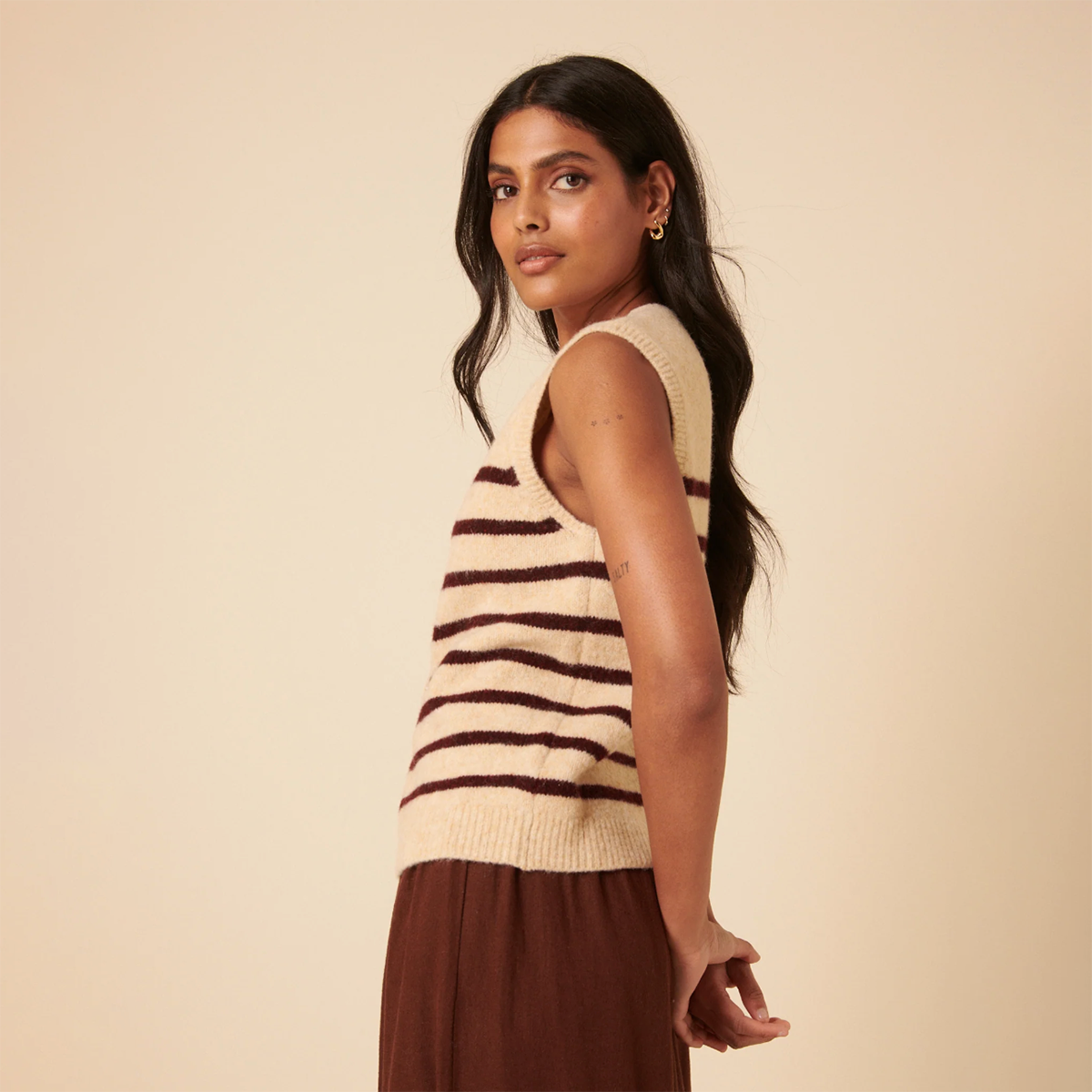 Beige Striped Button Through Knitted Vest