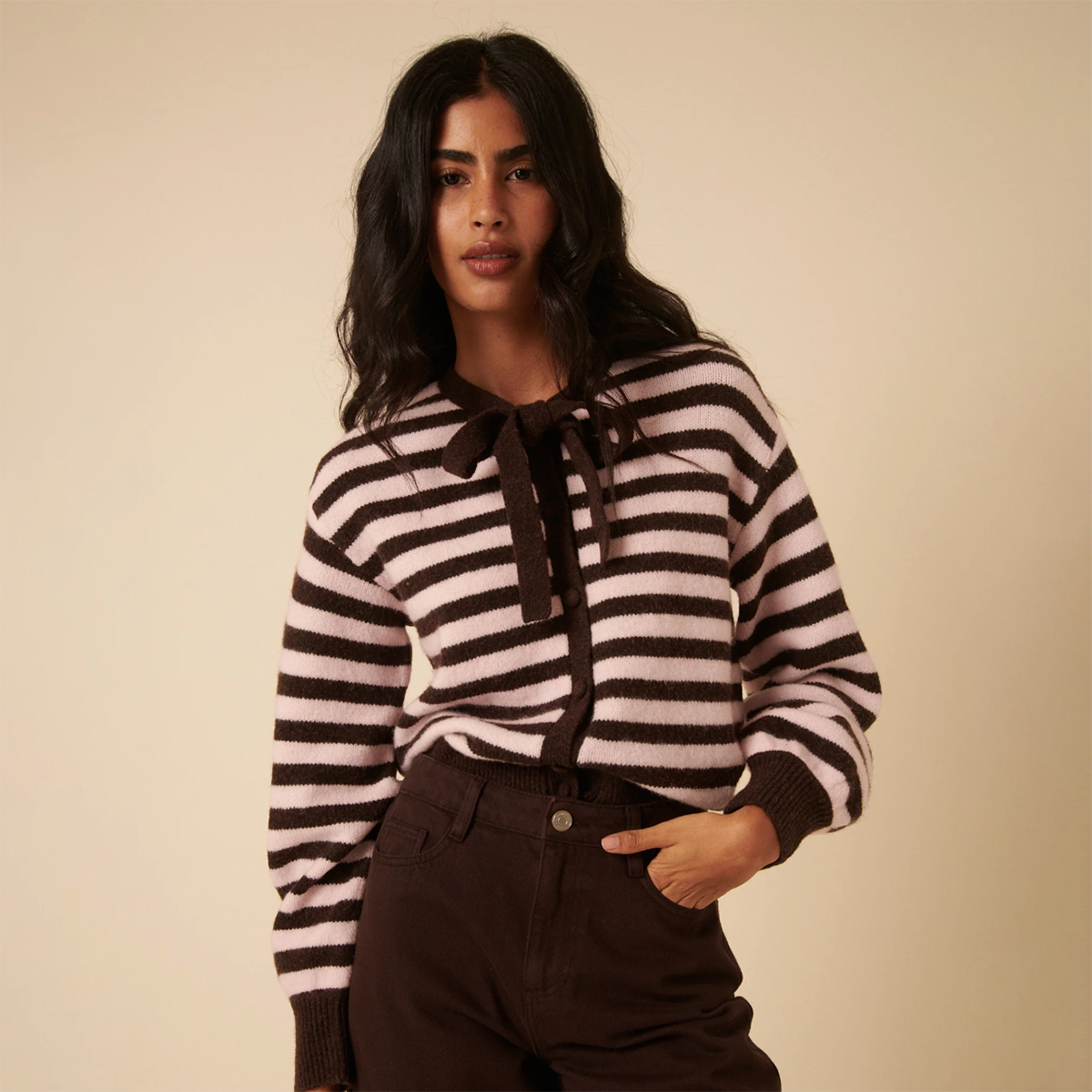 Brown & Pink Striped Tie Neck Cardigan