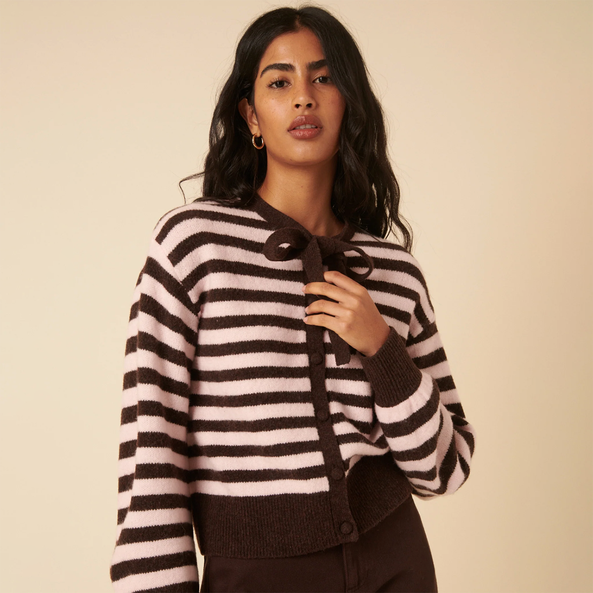 Brown & Pink Striped Tie Neck Cardigan