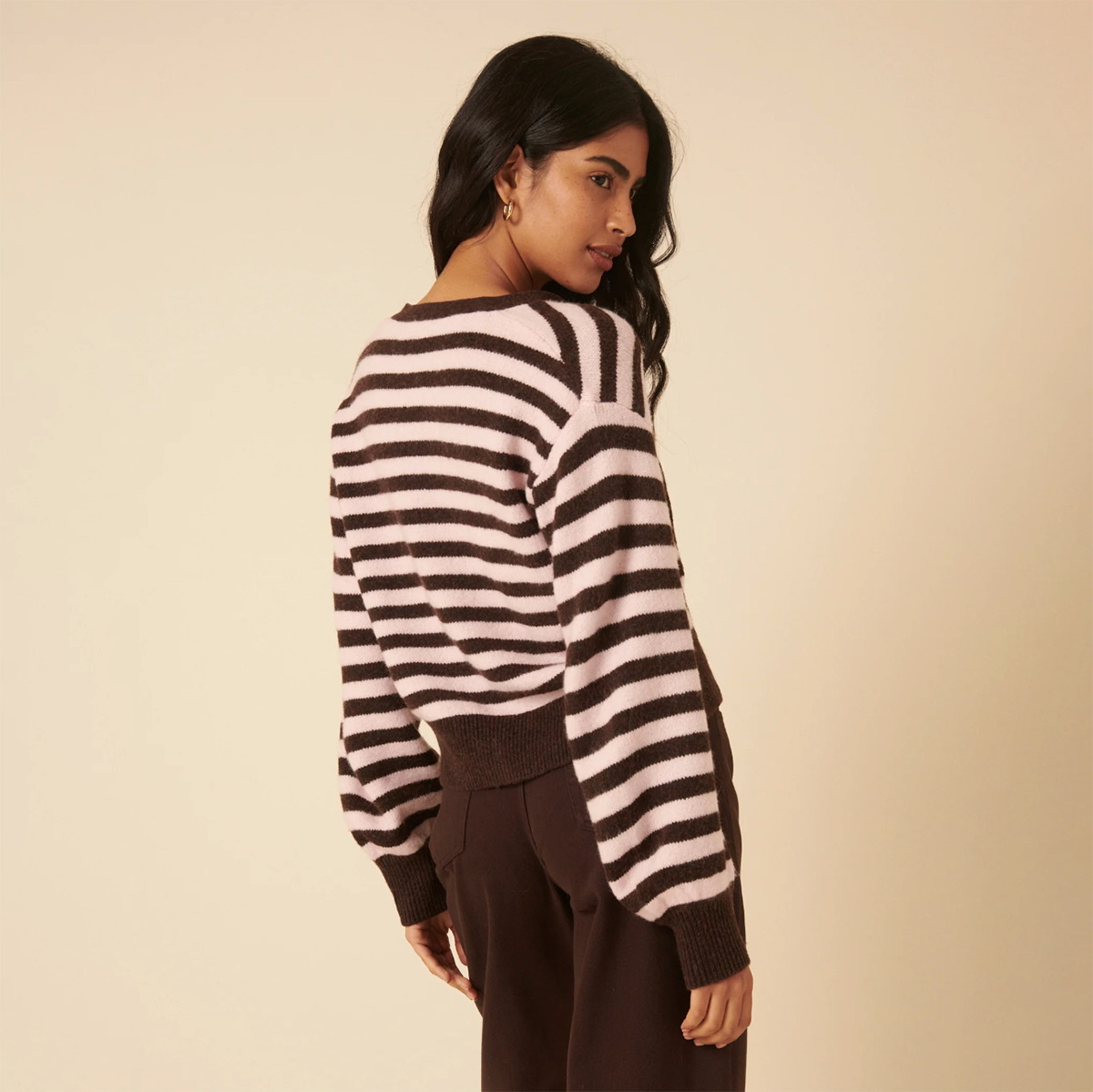 Brown & Pink Striped Tie Neck Cardigan