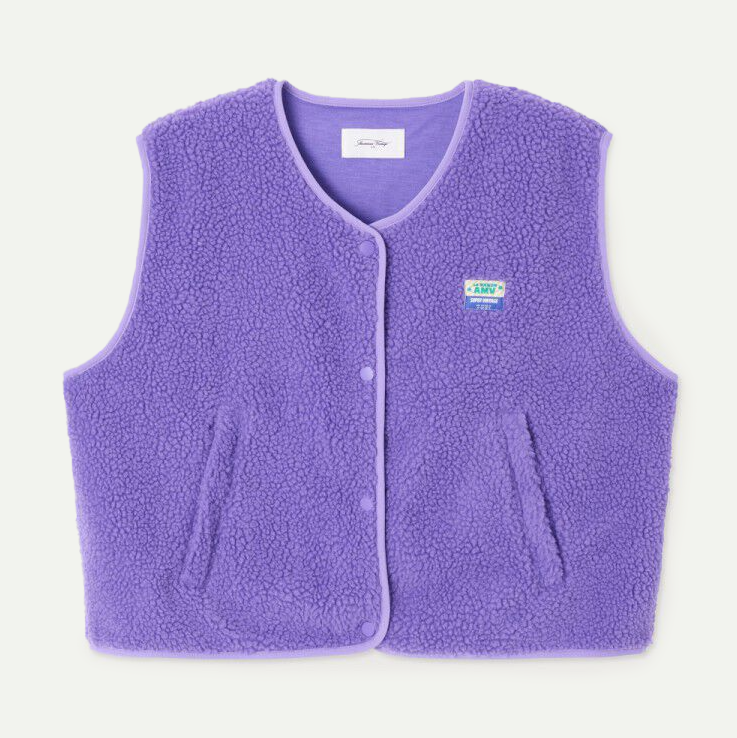 Purple fleece vest with a brand logo on a white background