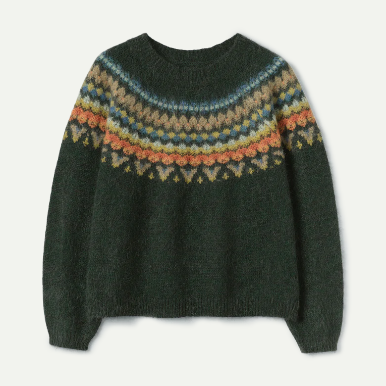 Multi Peacock Brushed Mohair Wool Patterned Yoke Sweater
