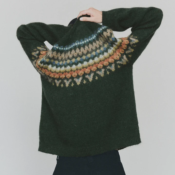 Multi Peacock Brushed Mohair Wool Patterned Yoke Sweater
