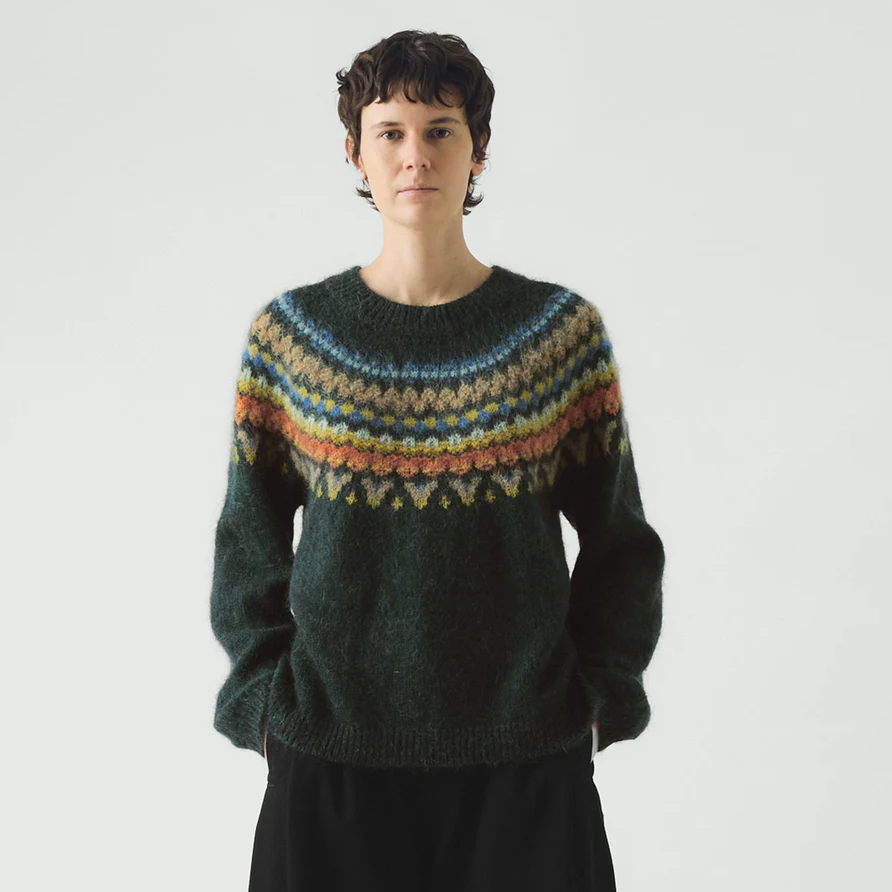Multi Peacock Brushed Mohair Wool Patterned Yoke Sweater