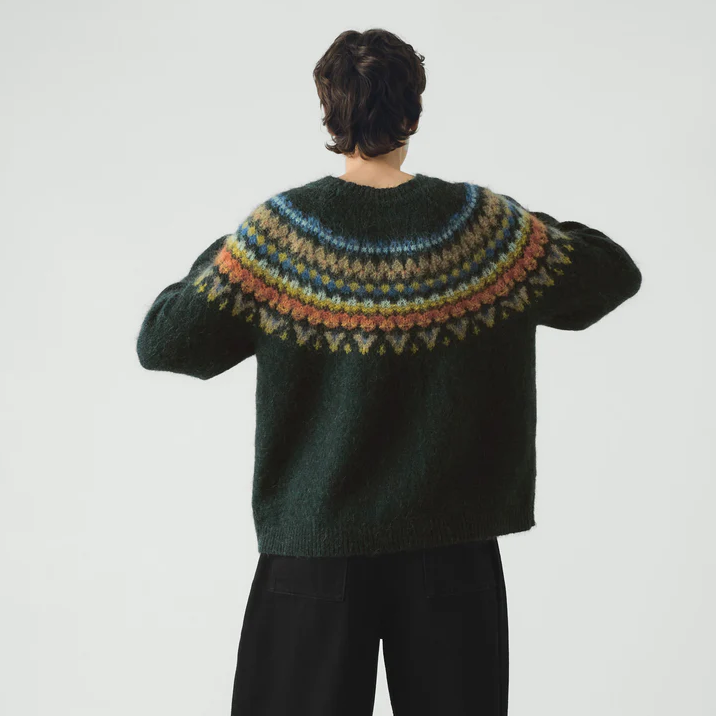 Multi Peacock Brushed Mohair Wool Patterned Yoke Sweater
