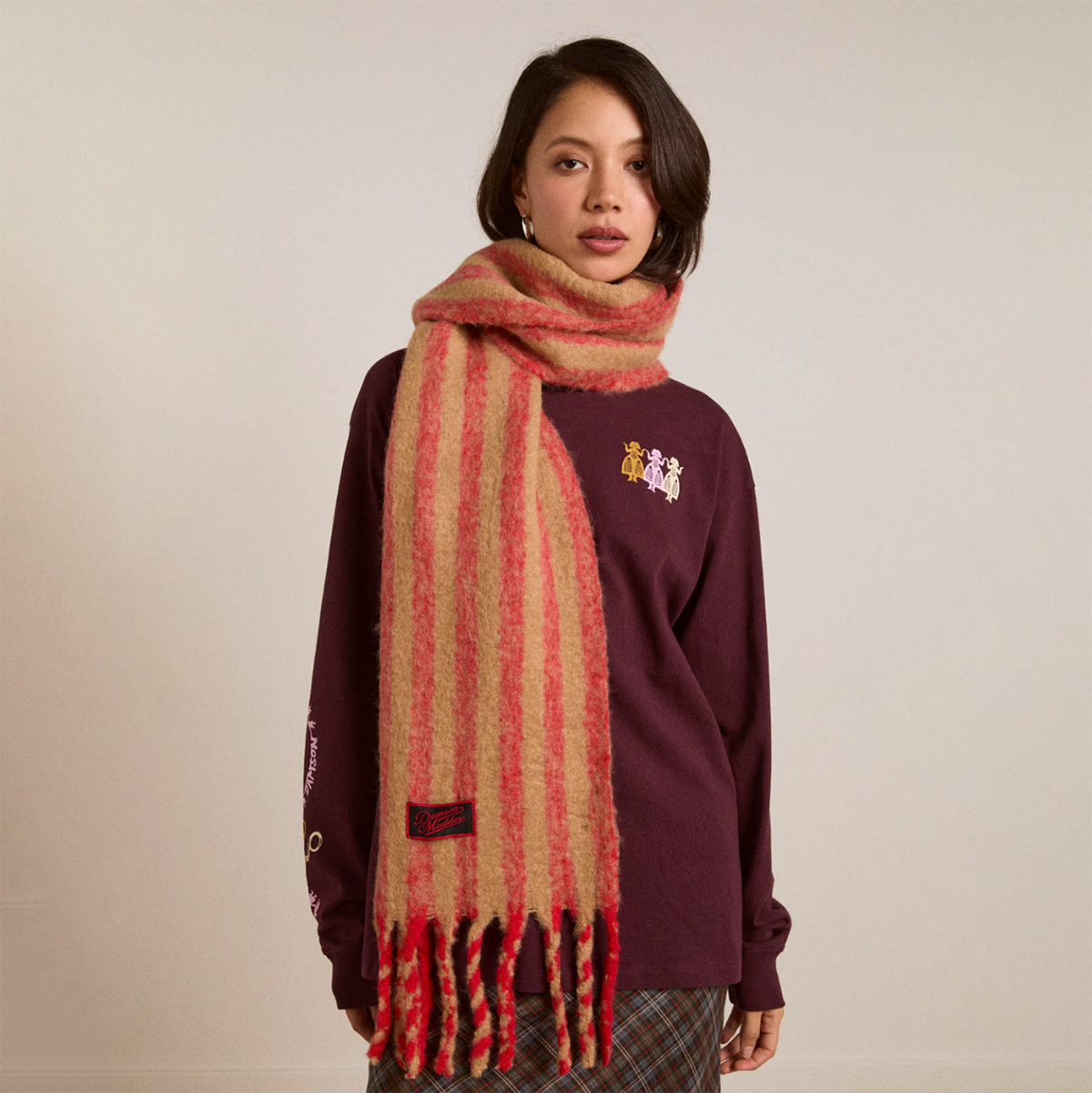 Red/Tan Stripe Brushed Knit Oversized Scarf