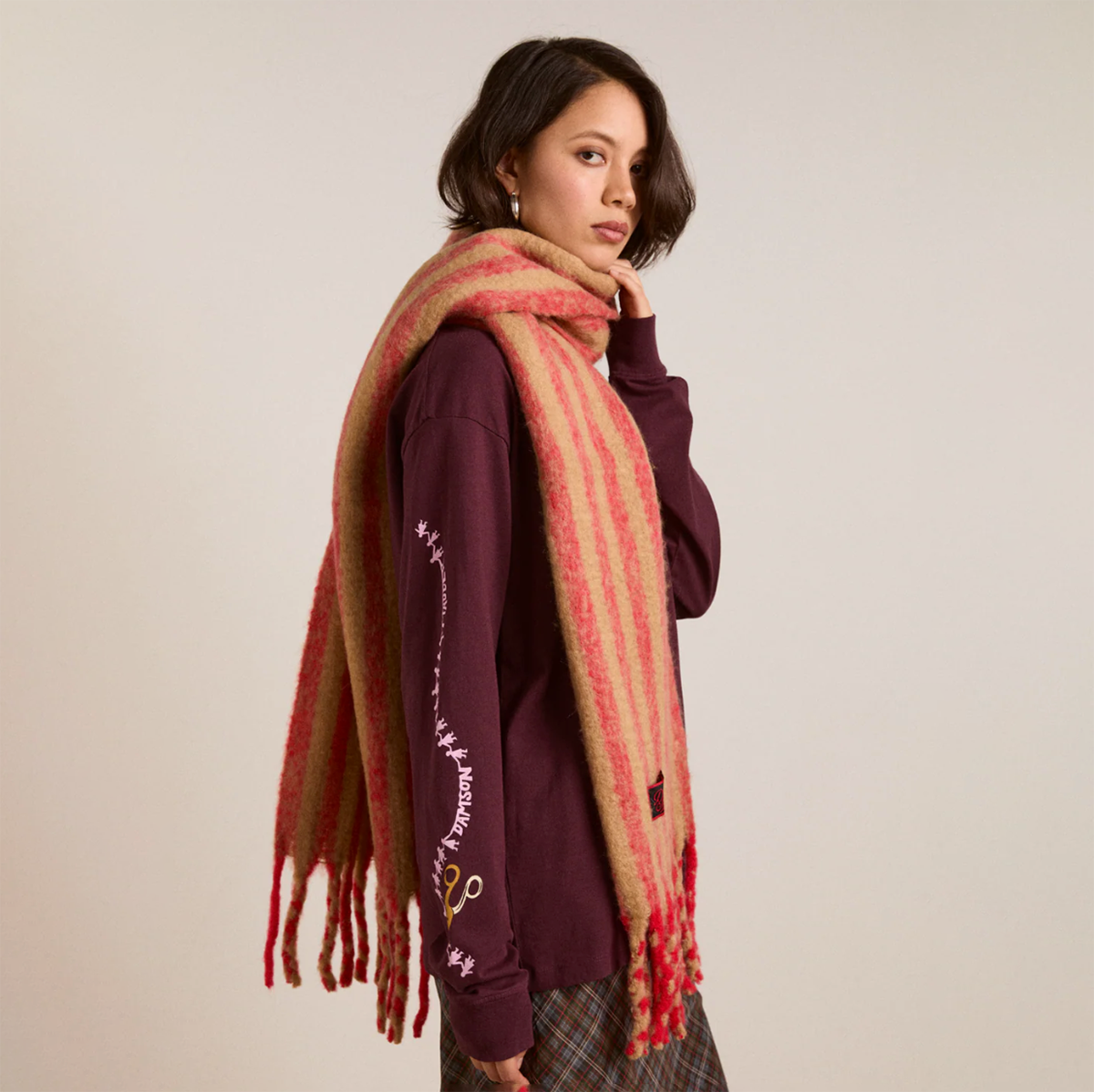 Red/Tan Stripe Brushed Knit Oversized Scarf