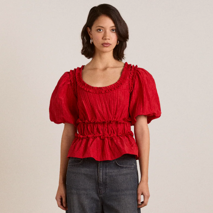 Red Taffeta Everly Ruffle Blouse