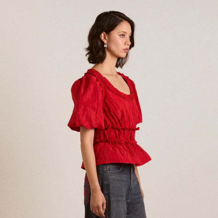 Red Taffeta Everly Ruffle Blouse