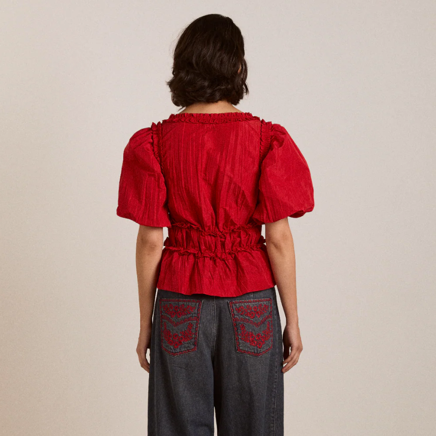 Red Taffeta Everly Ruffle Blouse