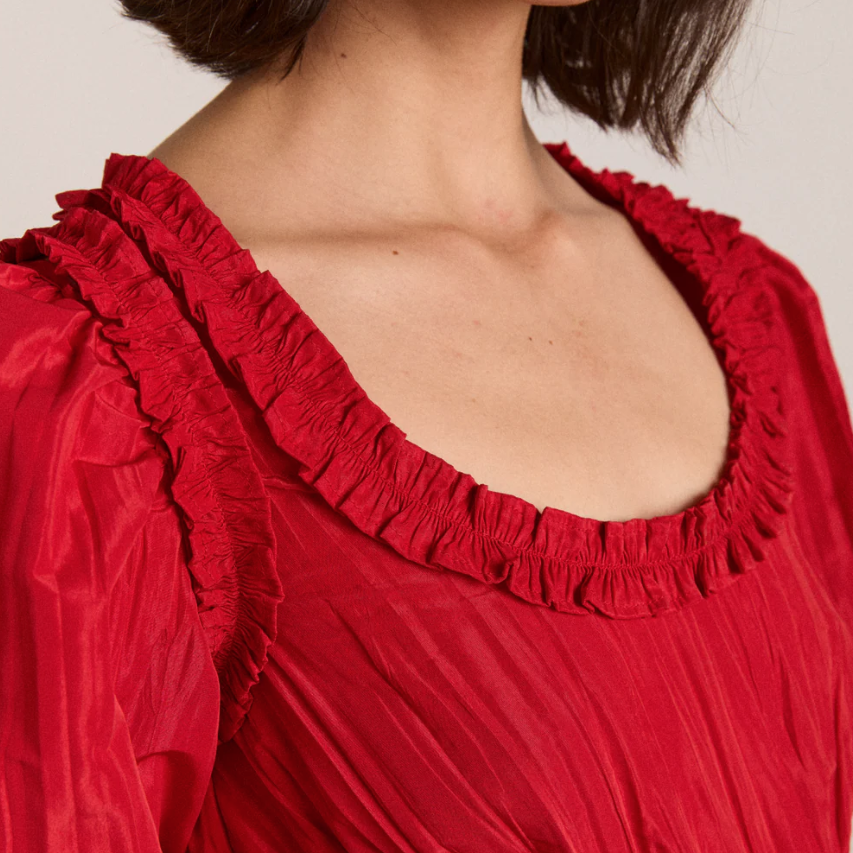 Red Taffeta Everly Ruffle Blouse