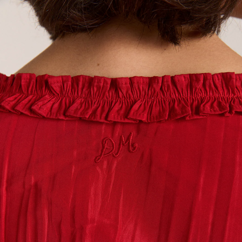 Red Taffeta Everly Ruffle Blouse