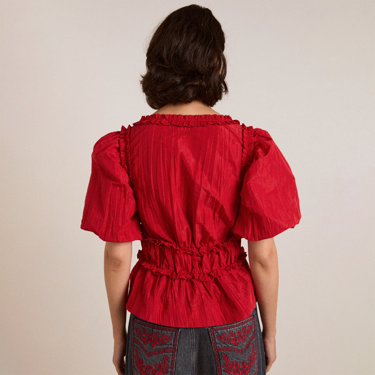 Red Taffeta Everly Ruffle Blouse