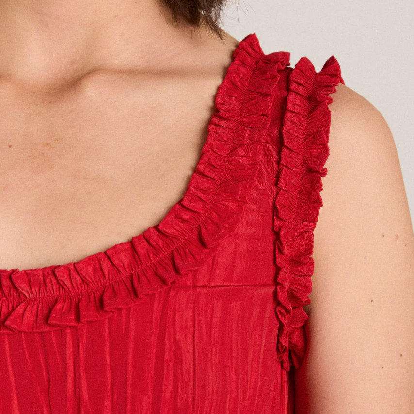 Red Taffeta Everly Ruffle Blouse