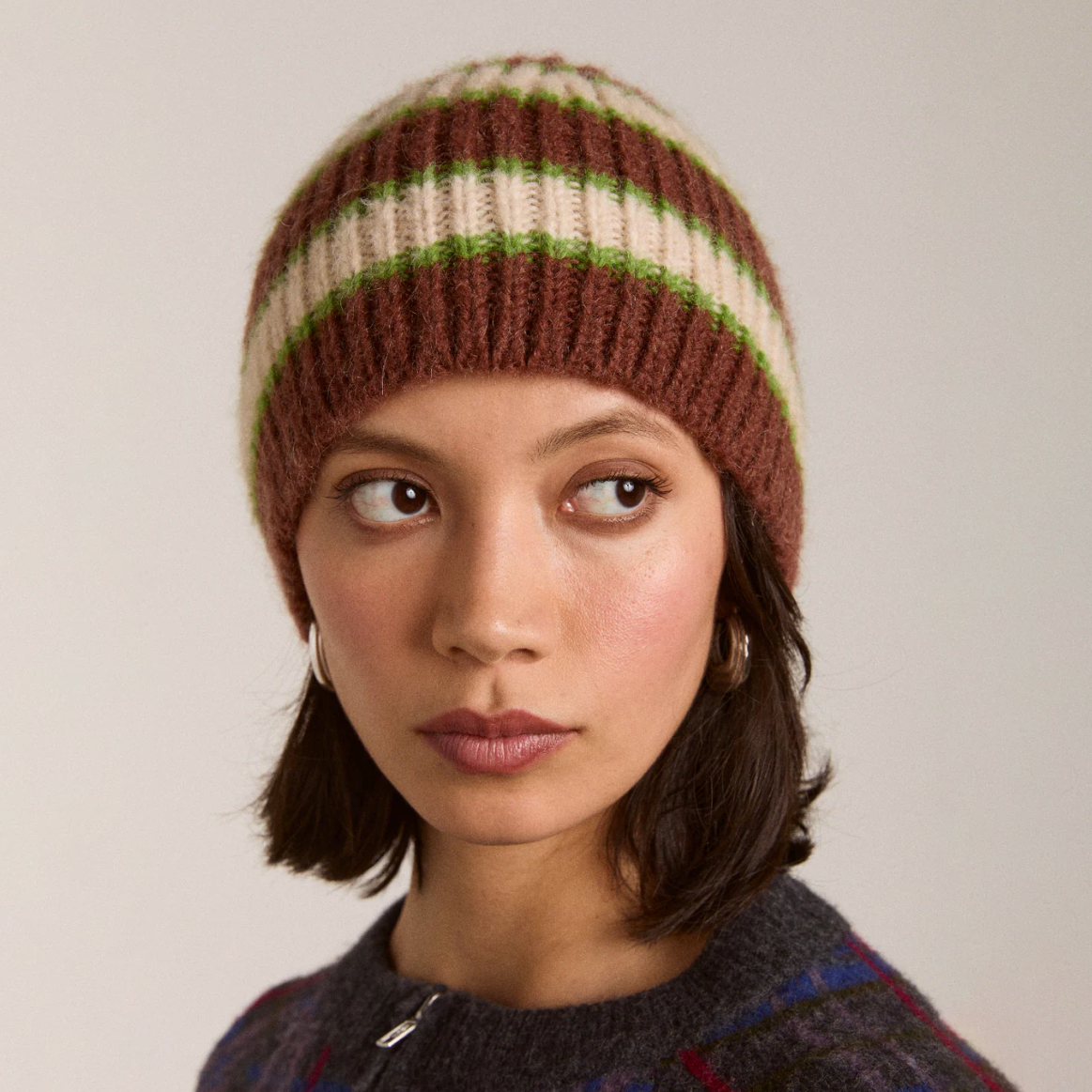 Oat/Burgandy/Lime Stripe Beanie