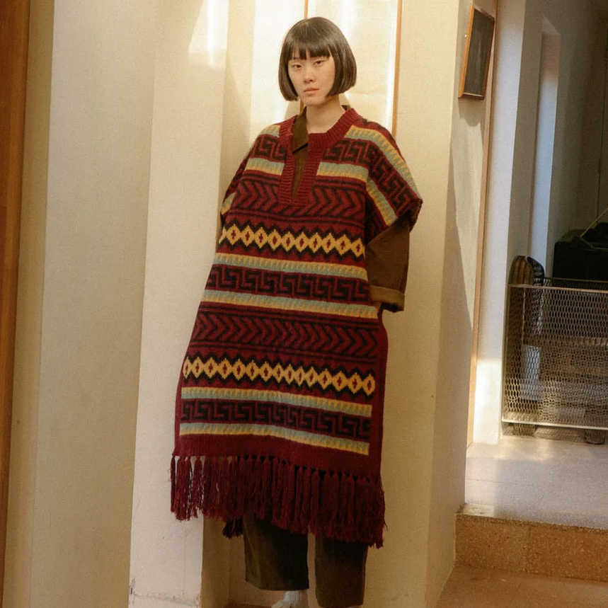 Burgandy Intarsia Western Knit Poncho
