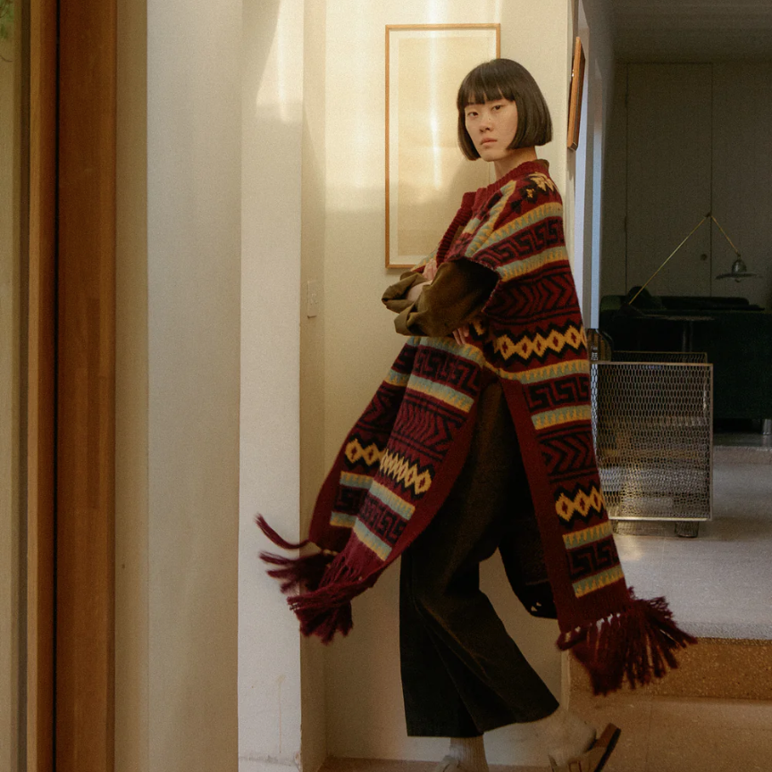 Burgandy Intarsia Western Knit Poncho