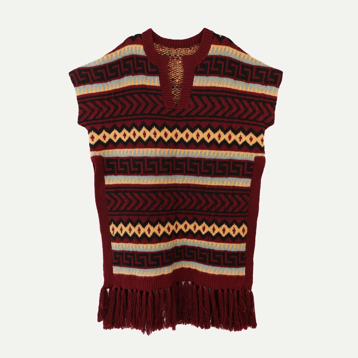 Burgandy Intarsia Western Knit Poncho
