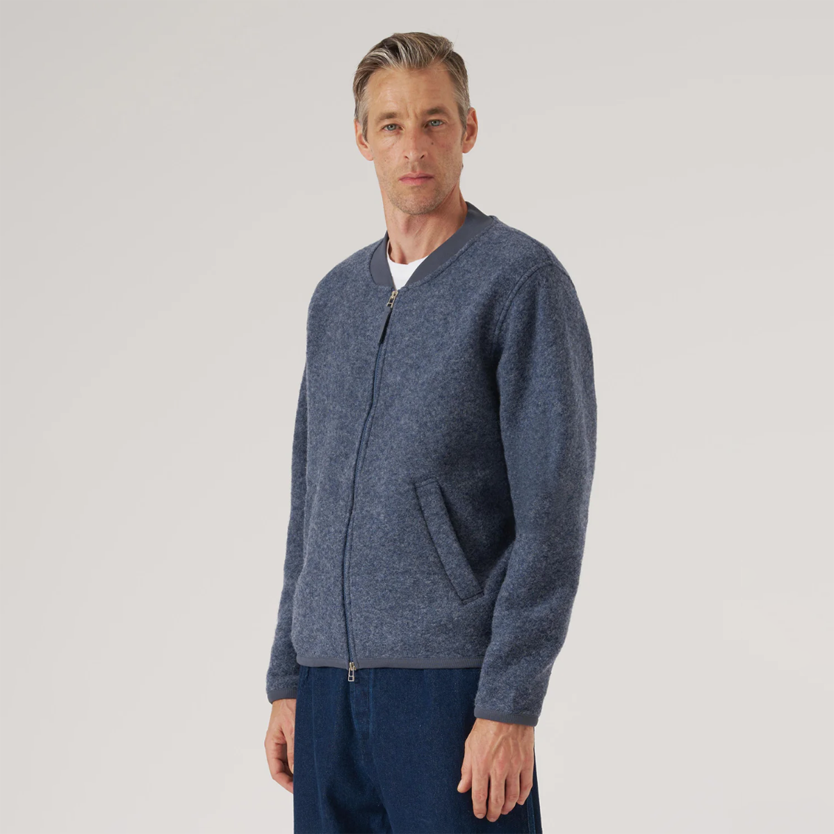 Slate Blue Wool Fleece Zip Bomber