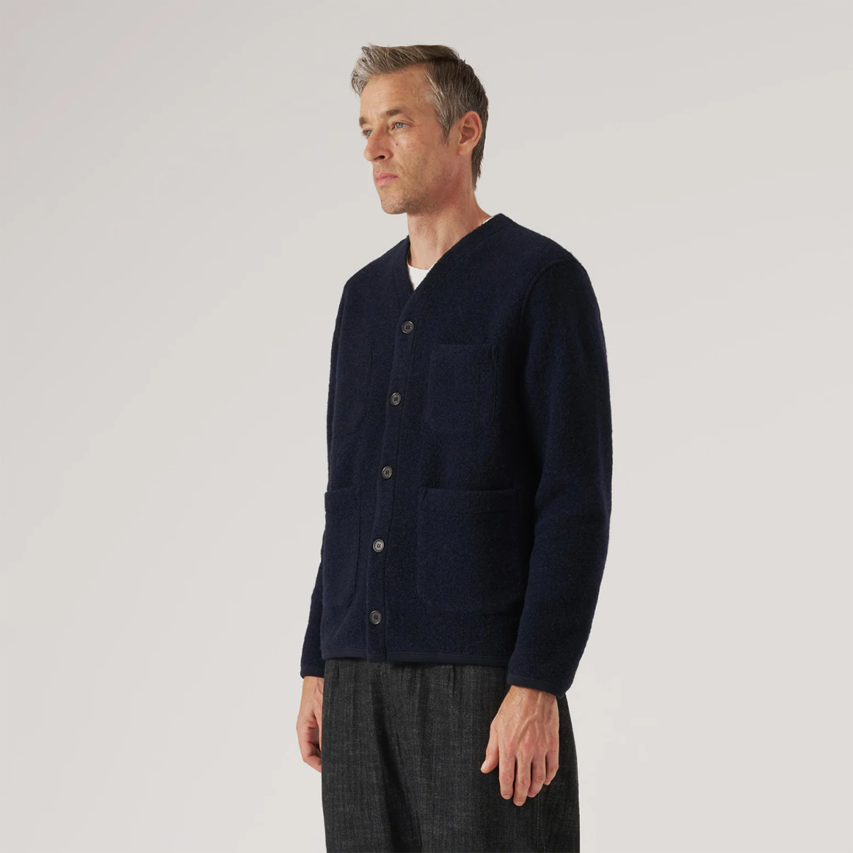 Navy Wool Fleece Cardigan