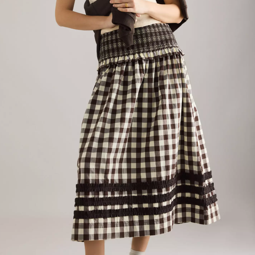 Black/Butter Gingham Ava Ruffle Midi Skirt