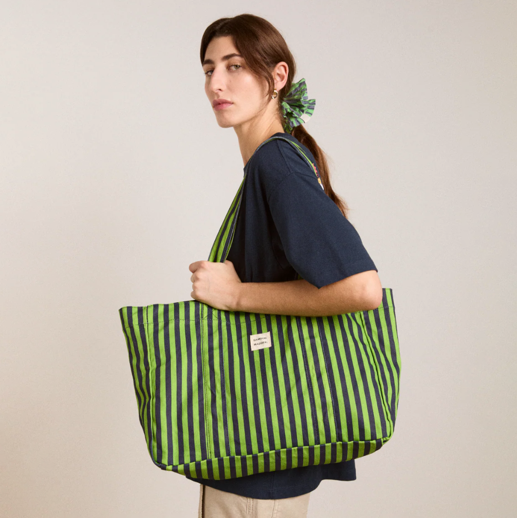 Navy/Lime Stripe DM Canvas Tote
