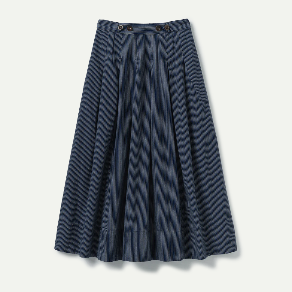 Denim Blue Railroad Stripe Pleated Cotton Skirt
