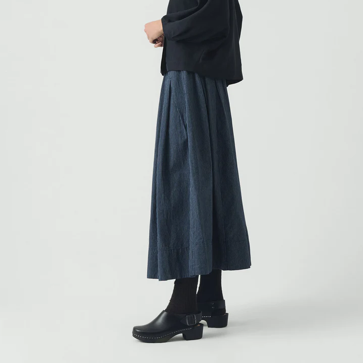 Denim Blue Railroad Stripe Pleated Cotton Skirt