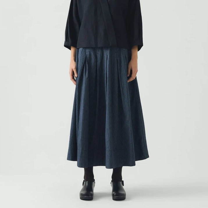 Denim Blue Railroad Stripe Pleated Cotton Skirt